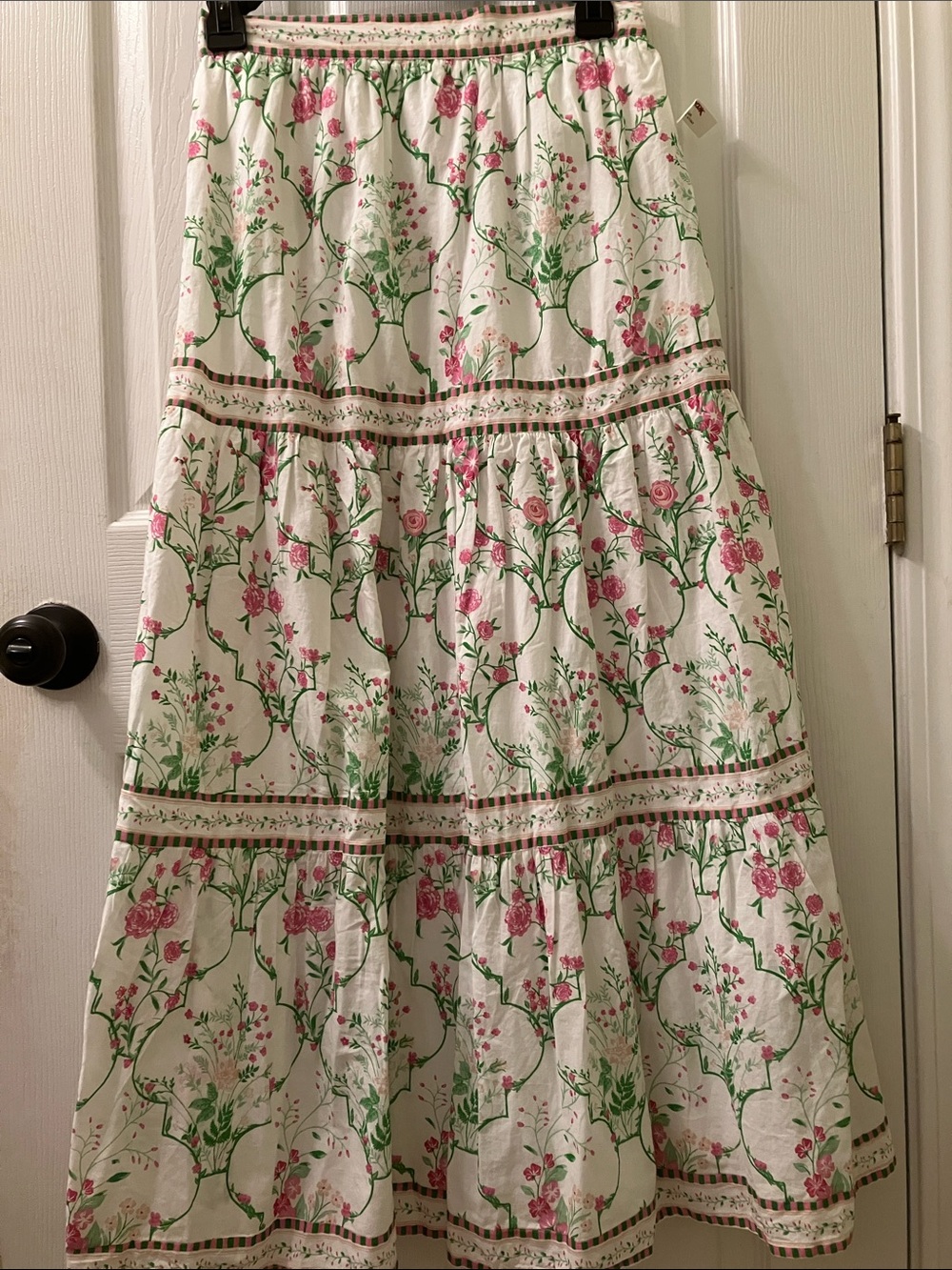 Japna White Maxi Skirt with Pink Floral & Green Vines